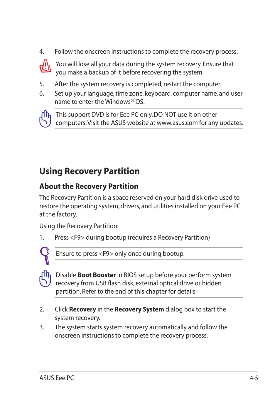 Using recovery partition, Using recovery partition -5 | Asus Eee PC 1101HA User Manual | Page 37 / 50