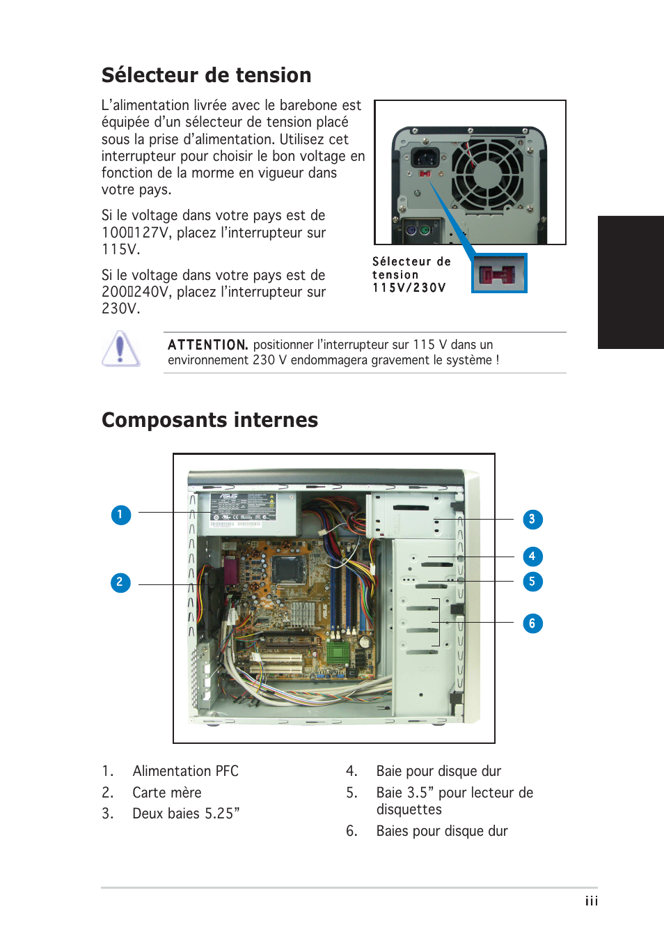 Sélecteur de tension, Composants internes, Français | Asus Vintage-PE2 User Manual | Page 11 / 80