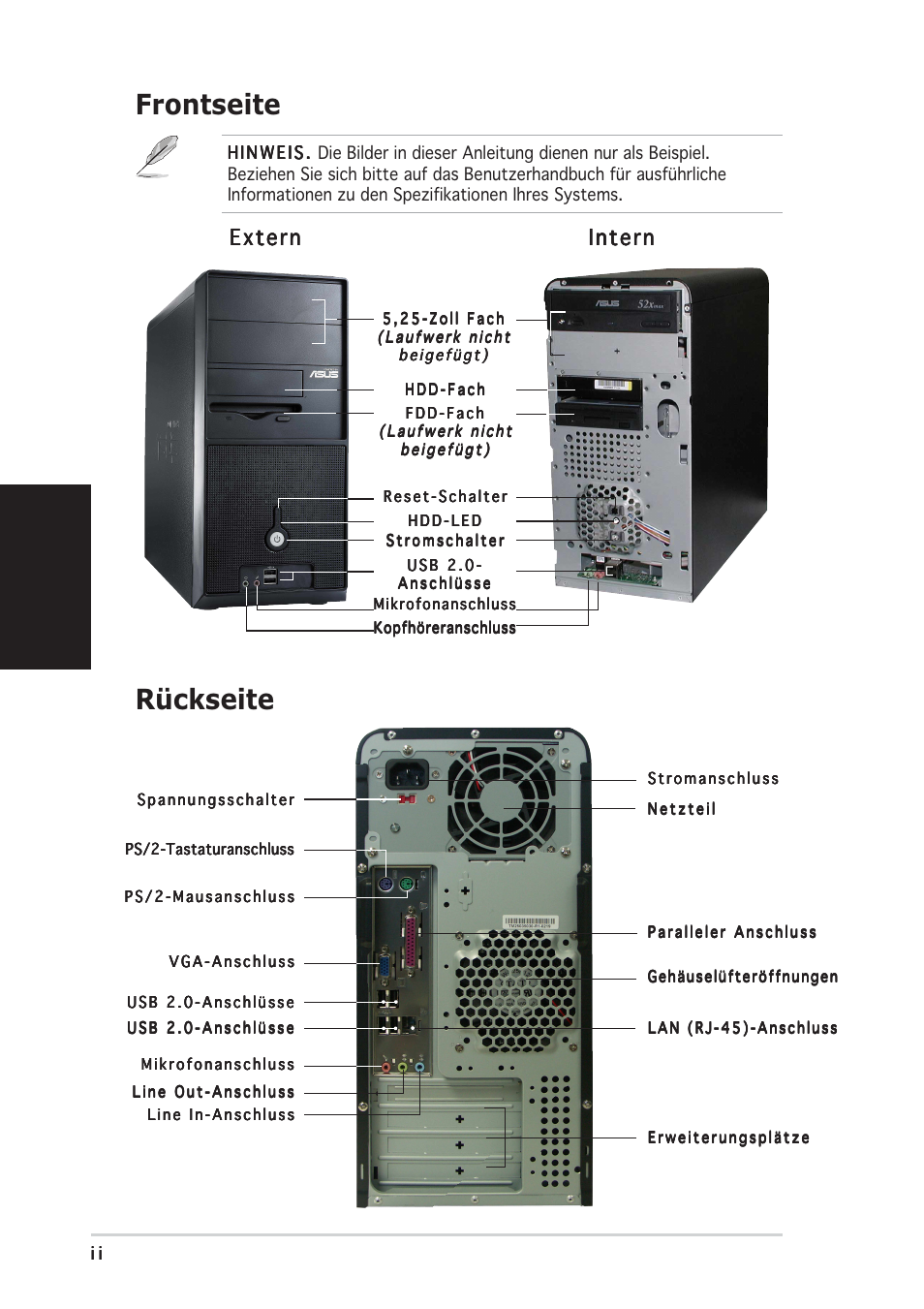 Frontseite, Rückseite, Deutsch | Extern, Extern intern intern intern intern intern | Asus Vintage-PE2 User Manual | Page 18 / 80