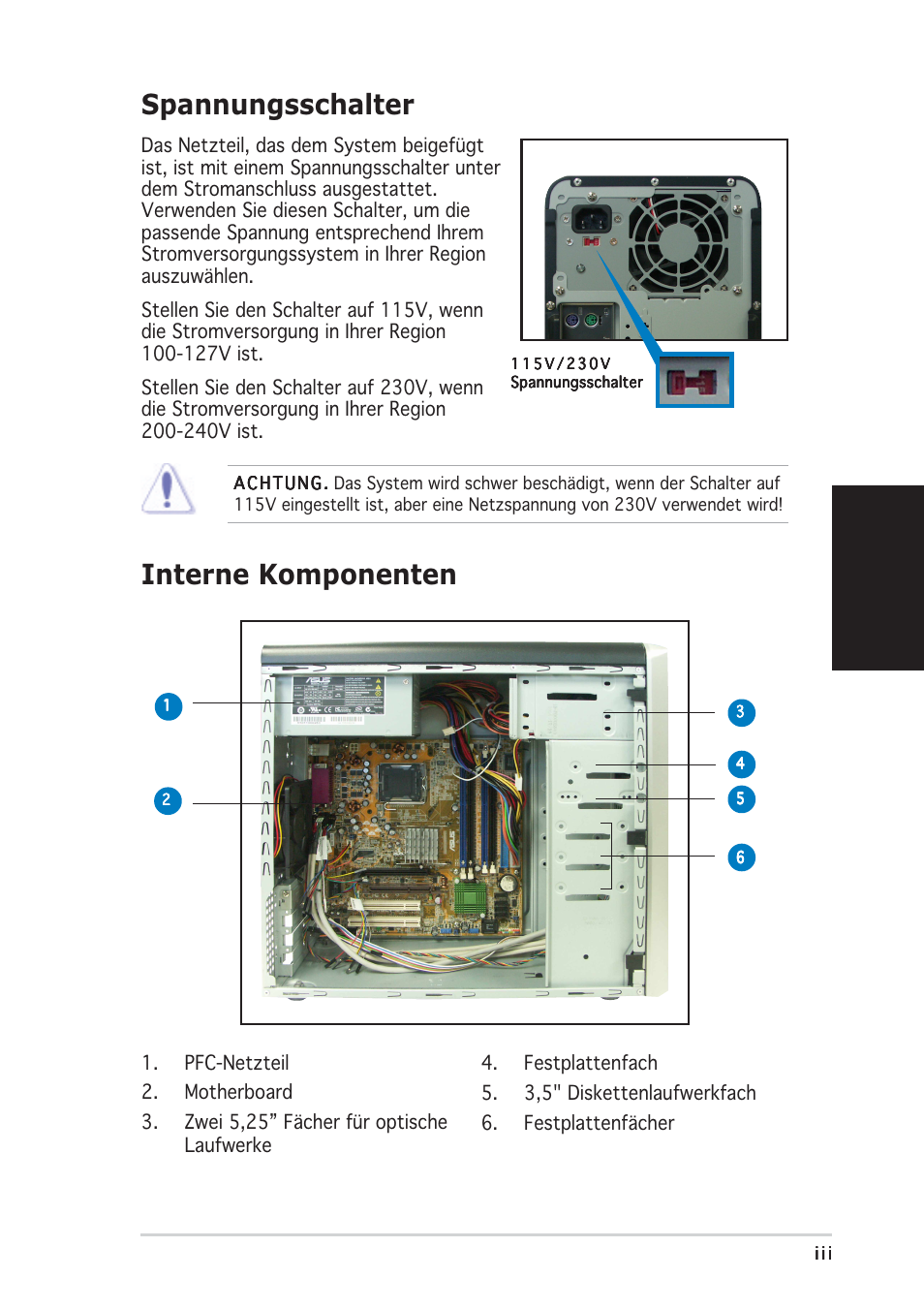 Spannungsschalter, Interne komponenten, Deutsch | Asus Vintage-PE2 User Manual | Page 19 / 80