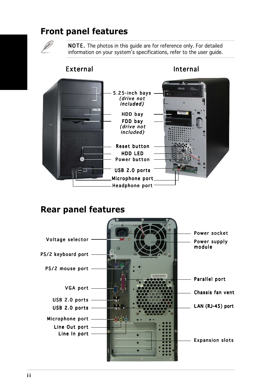 Front panel features, Rear panel features, English | External | Asus Vintage-PE2 User Manual | Page 2 / 80