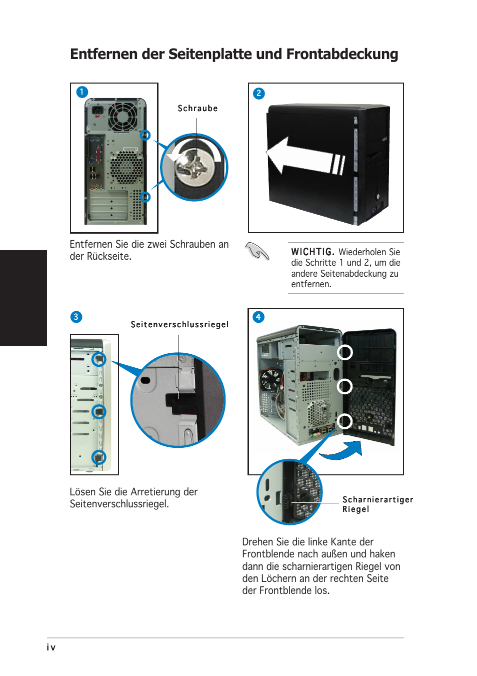 Entfernen der seitenplatte und frontabdeckung, Deutsch | Asus Vintage-PE2 User Manual | Page 20 / 80