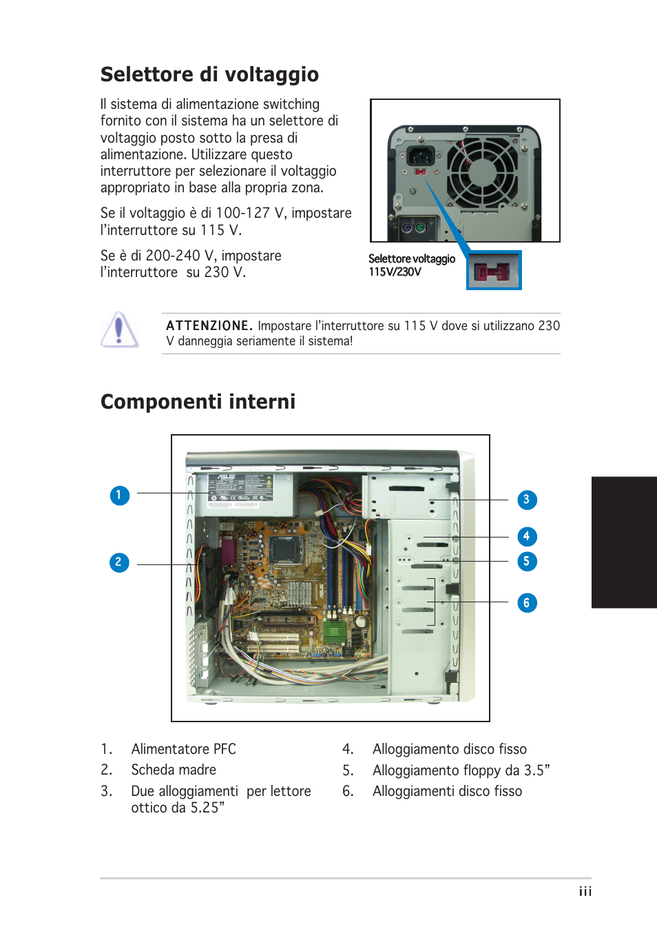 Selettore di voltaggio, Componenti interni, Italiano | Asus Vintage-PE2 User Manual | Page 27 / 80