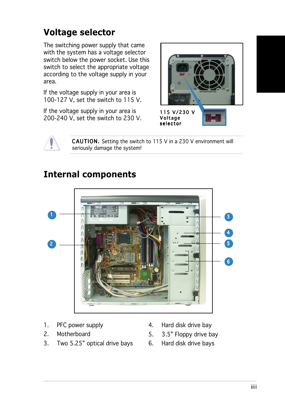 Voltage selector, Internal components, English | Asus Vintage-PE2 User Manual | Page 3 / 80