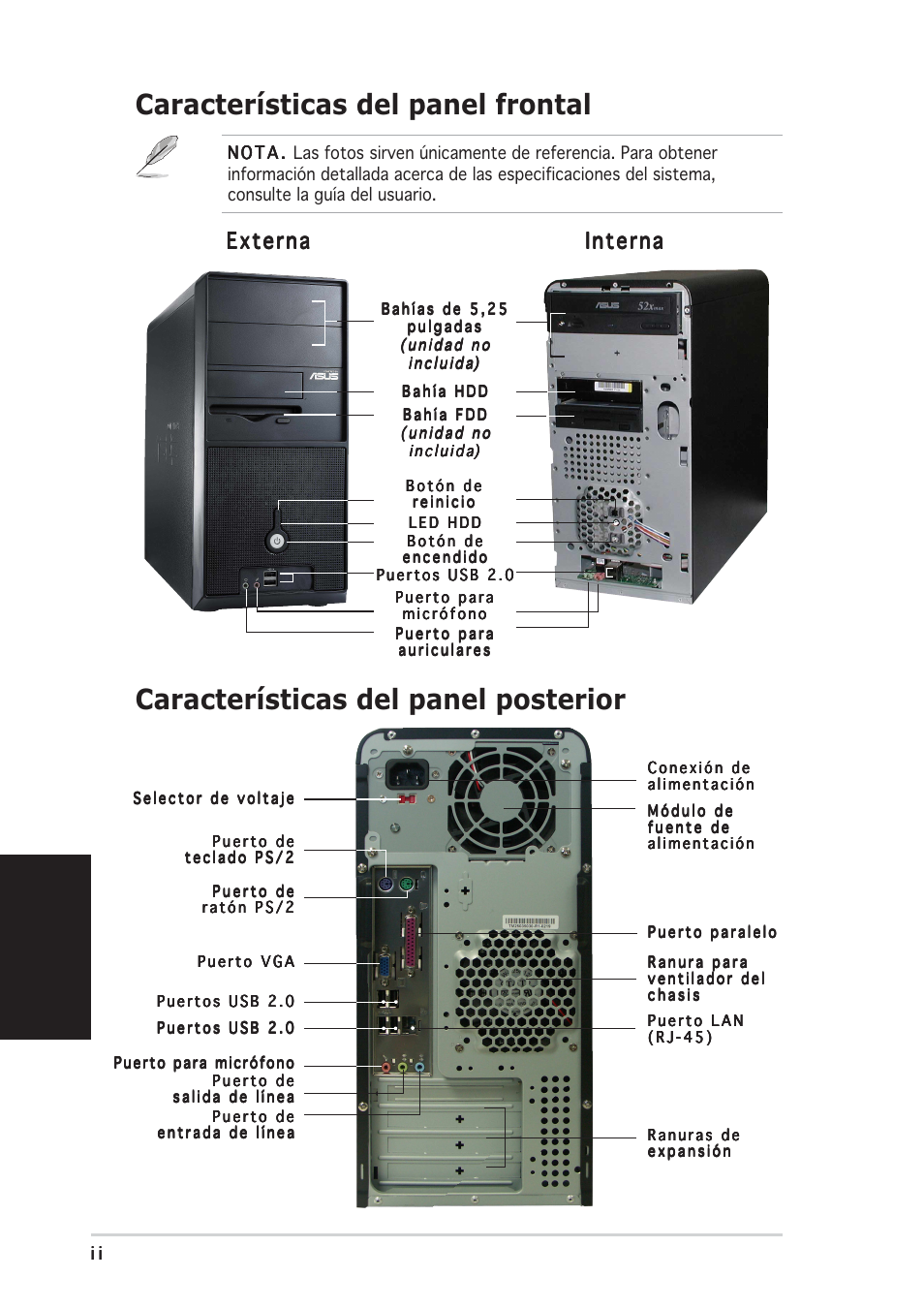 Características del panel frontal, Características del panel posterior, Español | Externa, Externa interna interna interna interna interna | Asus Vintage-PE2 User Manual | Page 34 / 80