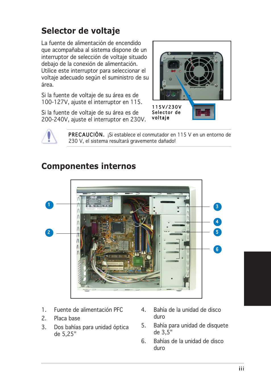 Selector de voltaje, Componentes internos, Español | Asus Vintage-PE2 User Manual | Page 35 / 80