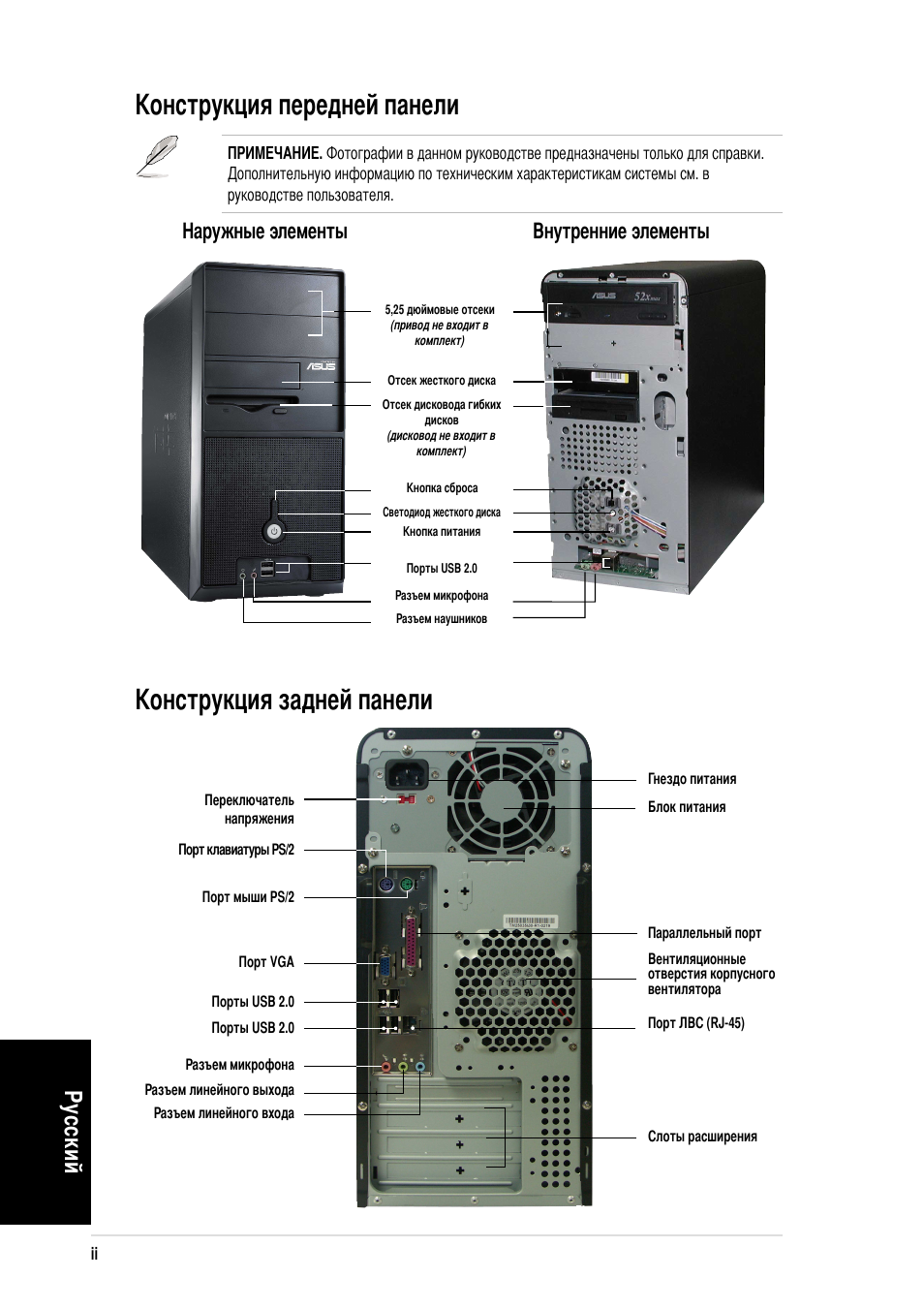 Онструкция передней панели, Онструкция задней панели, У сский | Аружные элементы нутренние элементы | Asus Vintage-PE2 User Manual | Page 42 / 80