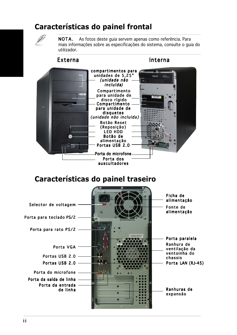 Características do painel frontal, Características do painel traseiro, Portugu ê s | Externa, Externa interna interna interna interna interna | Asus Vintage-PE2 User Manual | Page 50 / 80