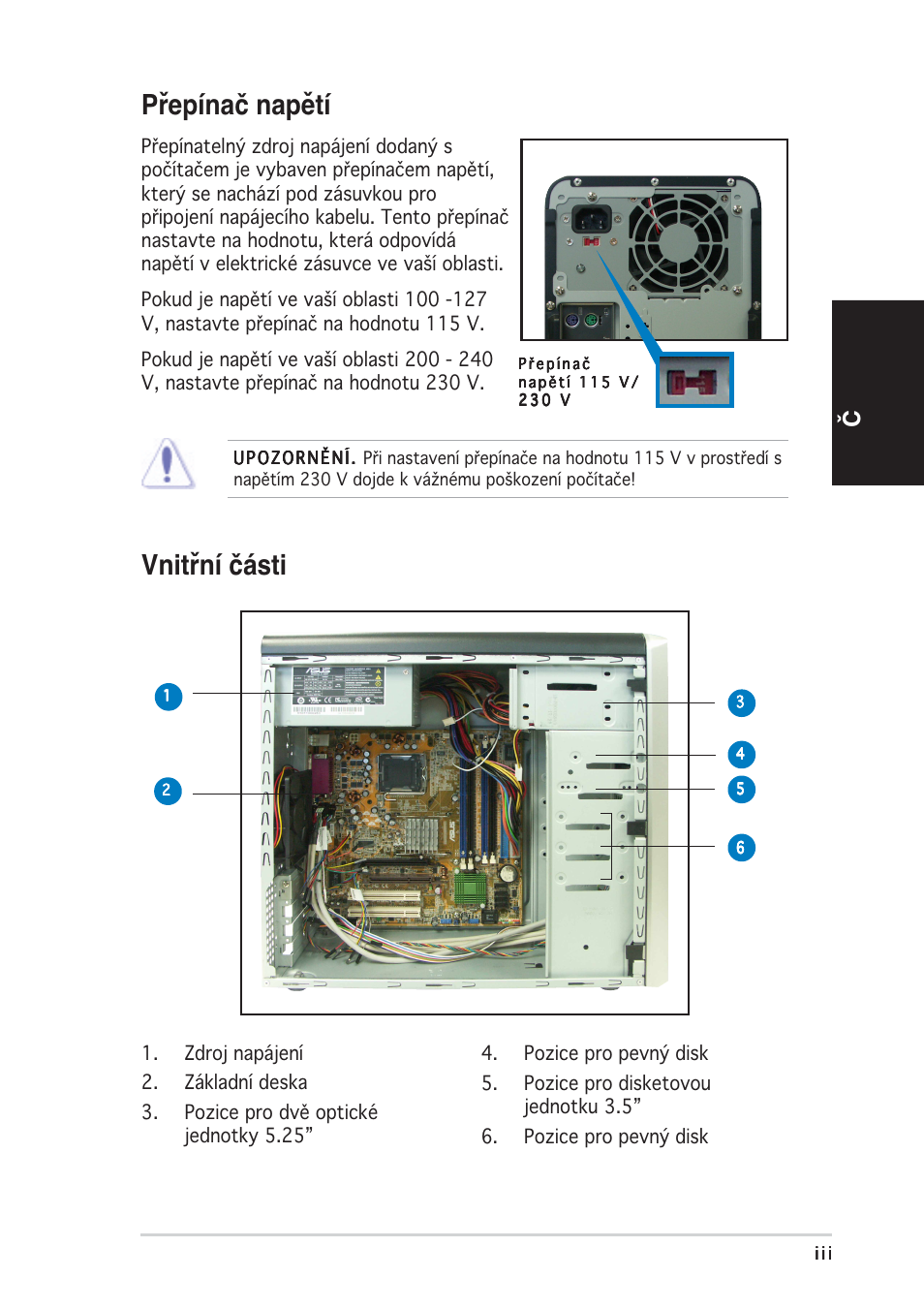 Přepínač napětí, Vnitřní části, Česky | Asus Vintage-PE2 User Manual | Page 59 / 80