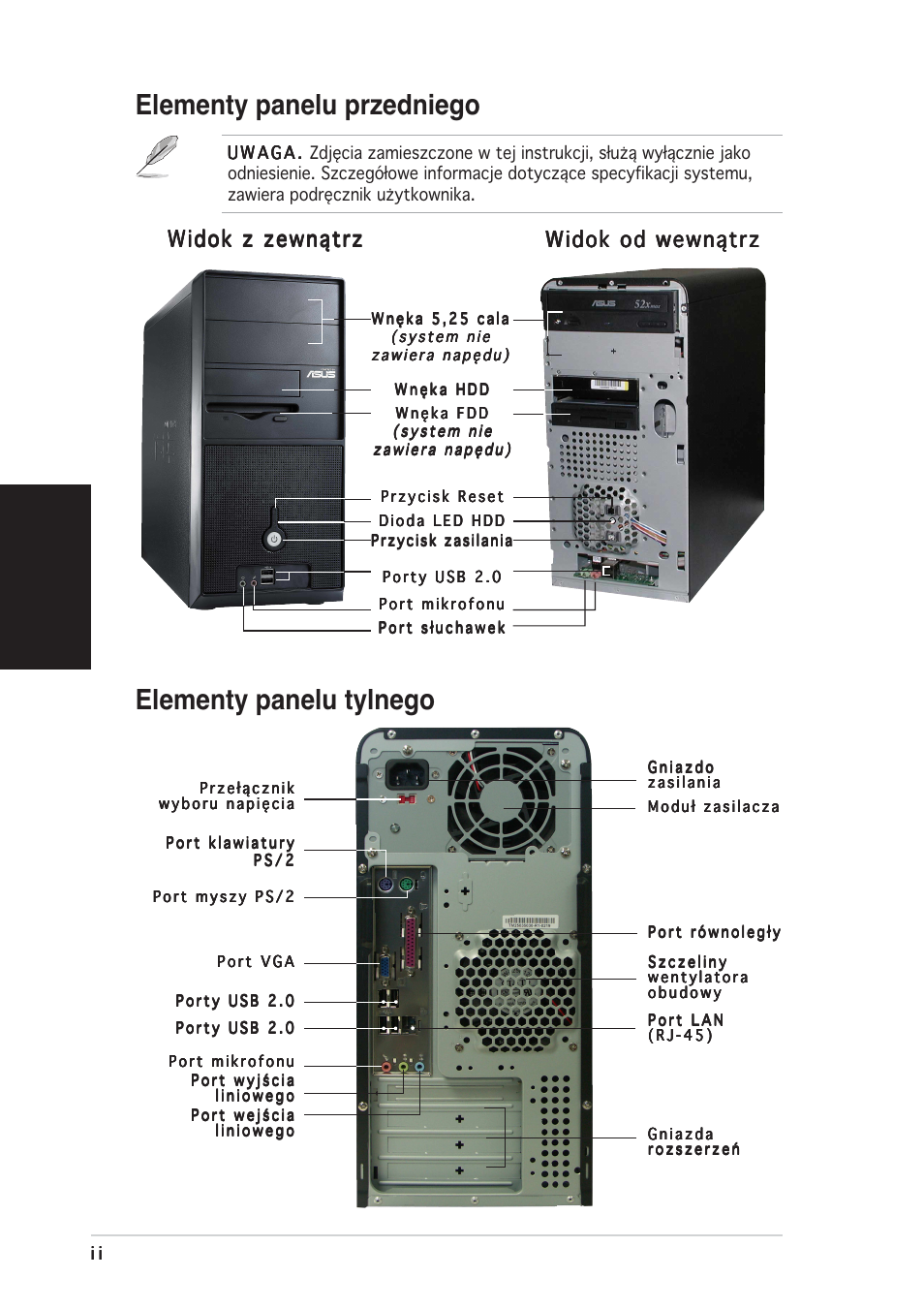 Elementy panelu przedniego, Elementy panelu tylnego, Polski | Widok z zewnątrz | Asus Vintage-PE2 User Manual | Page 66 / 80