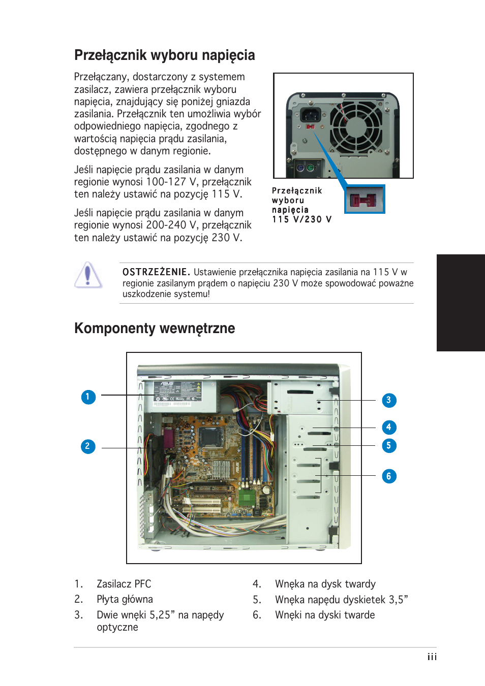 Przełącznik wyboru napięcia, Komponenty wewnętrzne, Polski | Asus Vintage-PE2 User Manual | Page 67 / 80