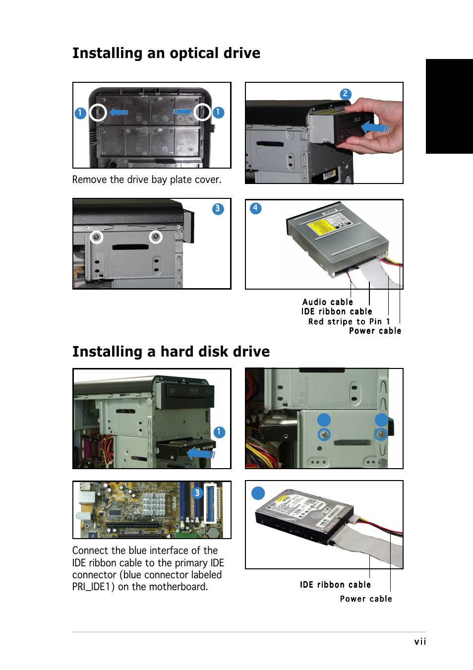 Installing an optical drive, Installing a hard disk drive, English | Remove the drive bay plate cover | Asus Vintage-PE2 User Manual | Page 7 / 80