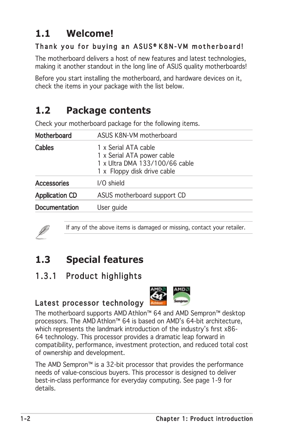 1 welcome, 2 package contents, 3 special features | 1 product highlights | Asus K8N-VM User Manual | Page 12 / 84