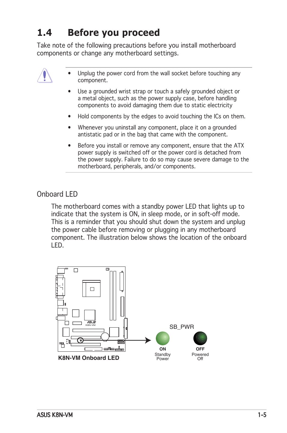 4 before you proceed, Onboard led | Asus K8N-VM User Manual | Page 15 / 84