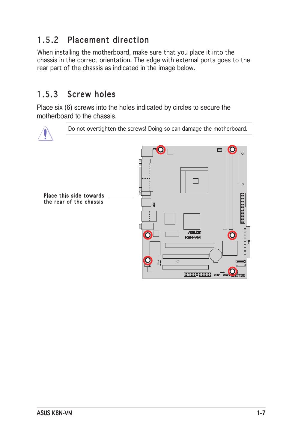 2 placement direction, 3 screw holes | Asus K8N-VM User Manual | Page 17 / 84