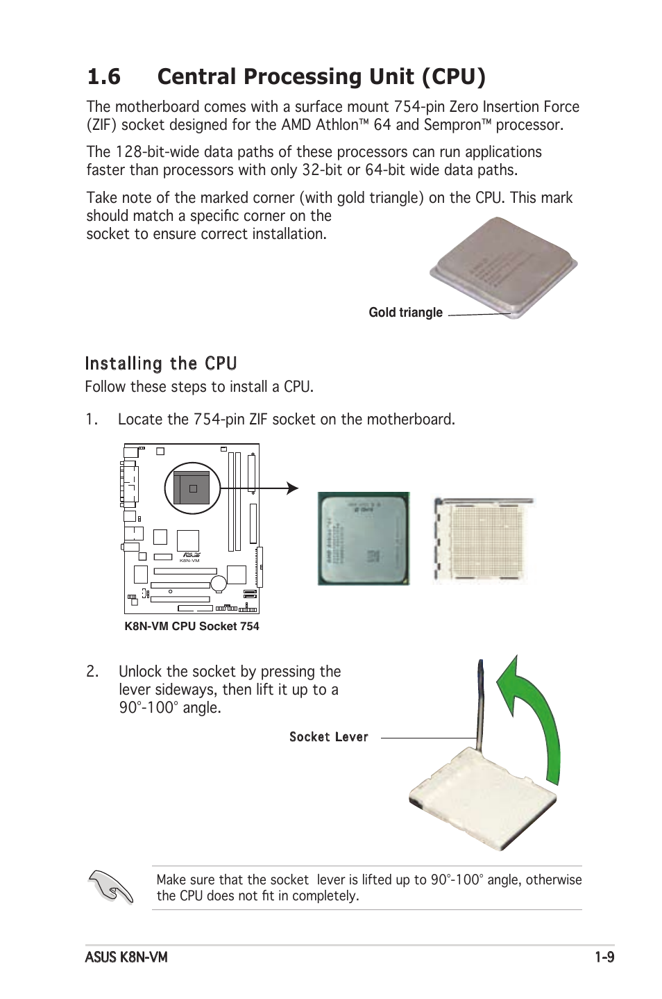 6 central processing unit (cpu), Installing the cpu | Asus K8N-VM User Manual | Page 19 / 84