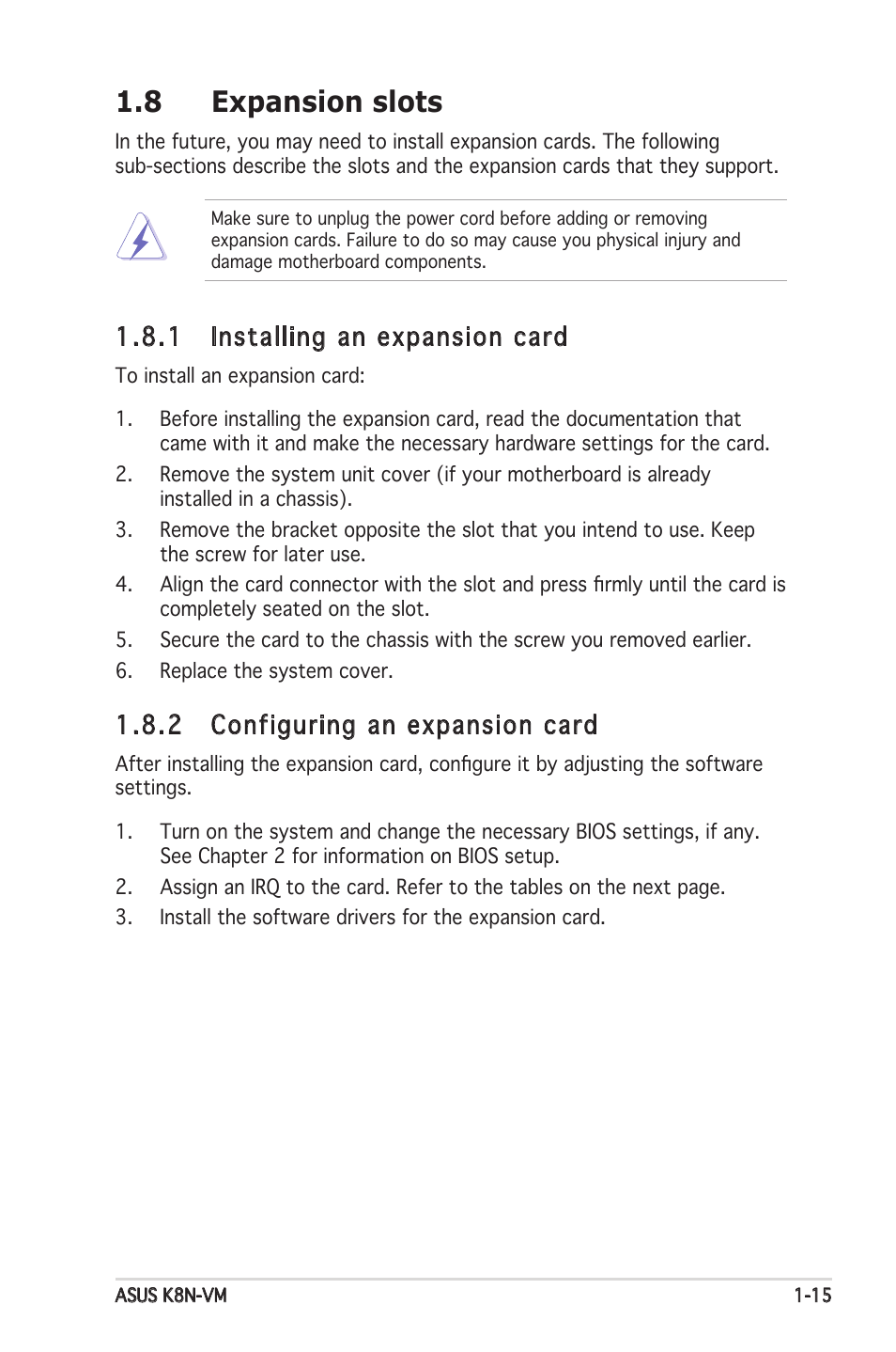 8 expansion slots, 1 installing an expansion card, 2 configuring an expansion card | Asus K8N-VM User Manual | Page 25 / 84