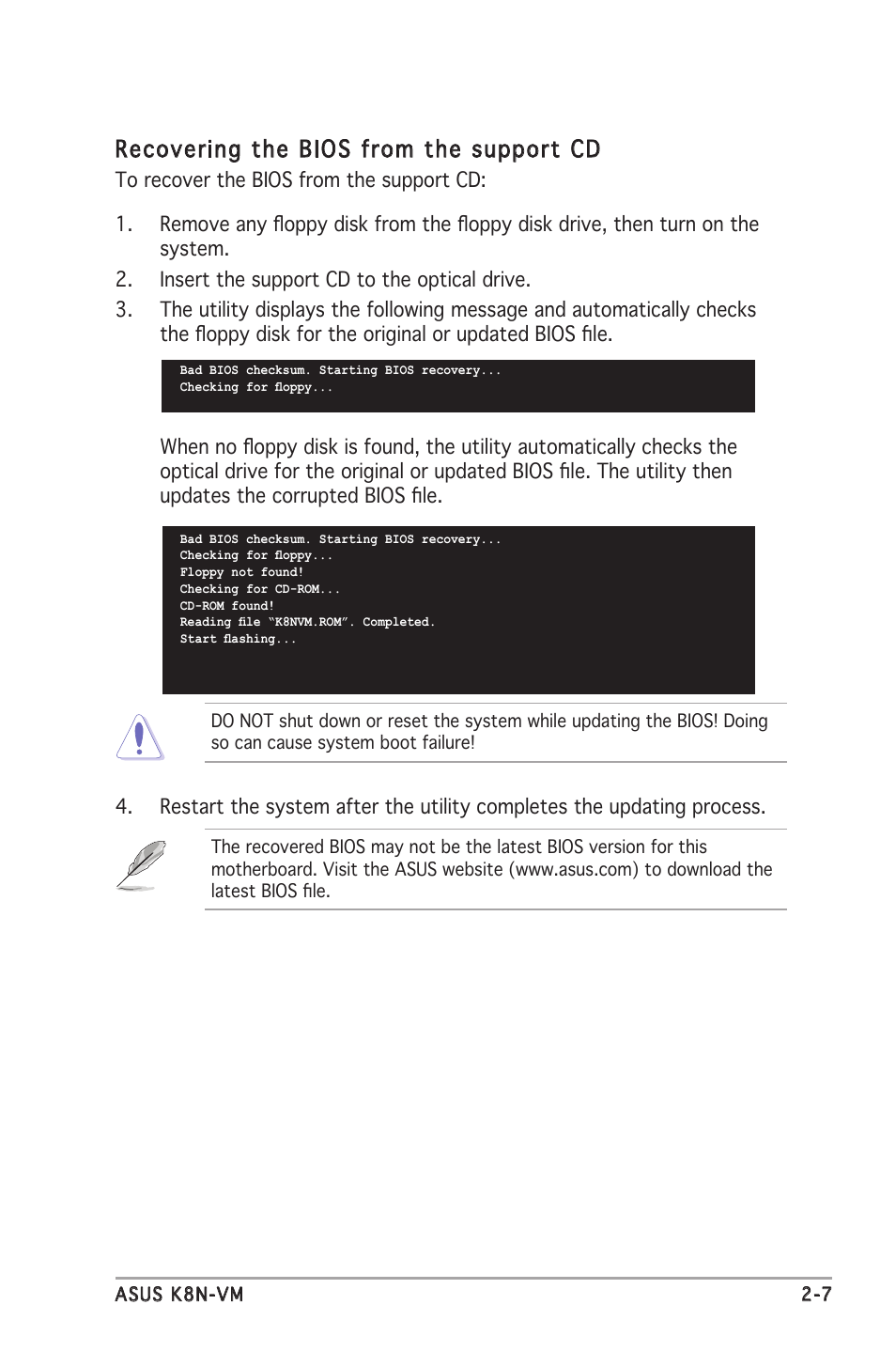 Recovering the bios from the support cd | Asus K8N-VM User Manual | Page 45 / 84