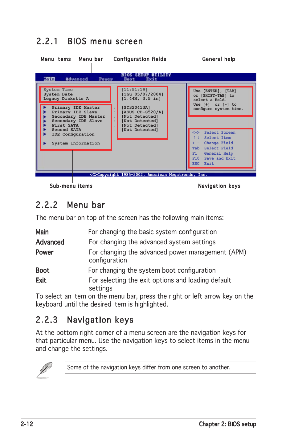 2 menu bar, 3 navigation keys, 1 bios menu screen | Asus K8N-VM User Manual | Page 50 / 84