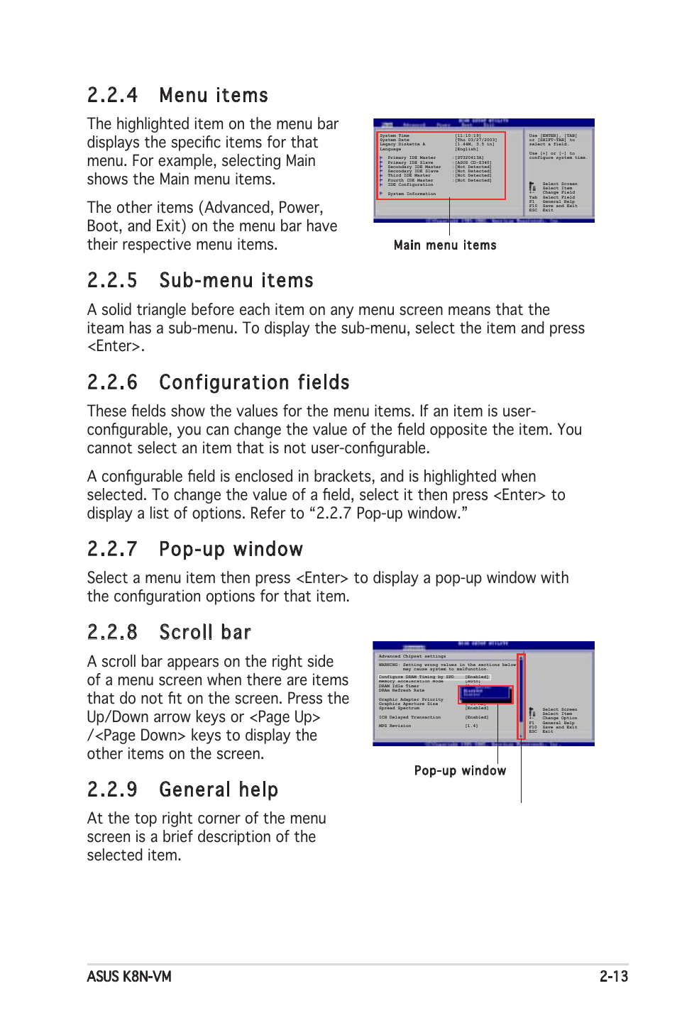 4 menu items, 5 sub-menu items, 6 configuration fields | 7 pop-up window, 8 scroll bar, 9 general help, Asus k8n-vm 2-13 | Asus K8N-VM User Manual | Page 51 / 84