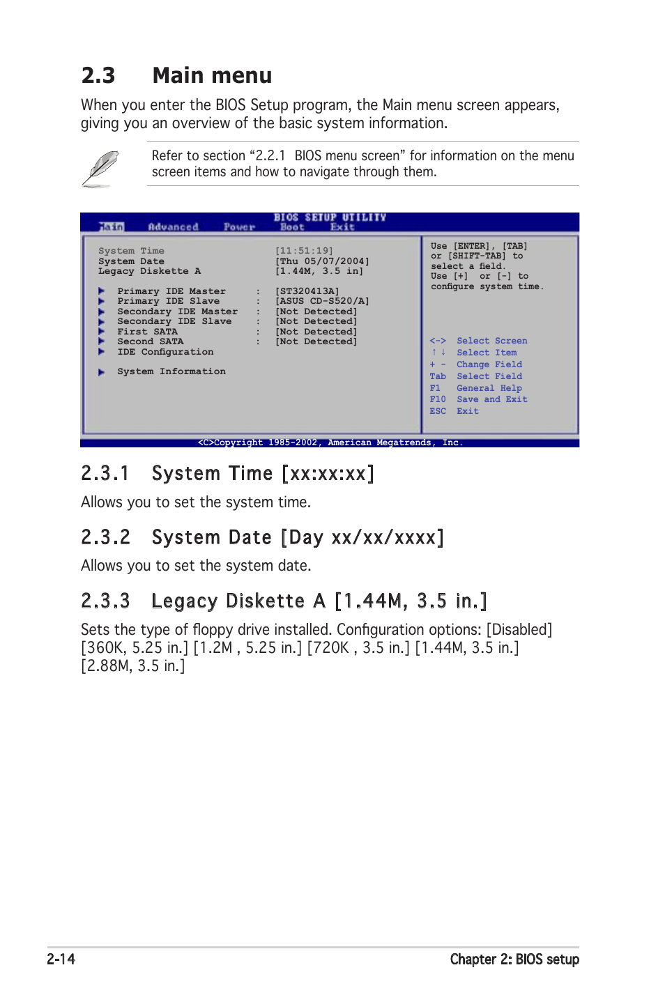 3 main menu, 1 system time [xx:xx:xx, Allows you to set the system time | Allows you to set the system date | Asus K8N-VM User Manual | Page 52 / 84