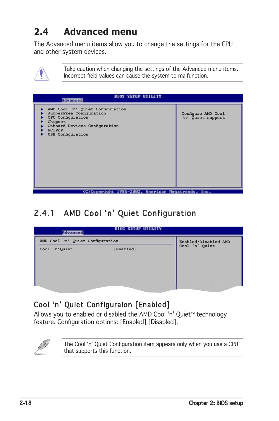 4 advanced menu, 1 amd cool ʻnʼ quiet configuration, Cool ʻnʼ quiet configuraion [enabled | Asus K8N-VM User Manual | Page 56 / 84