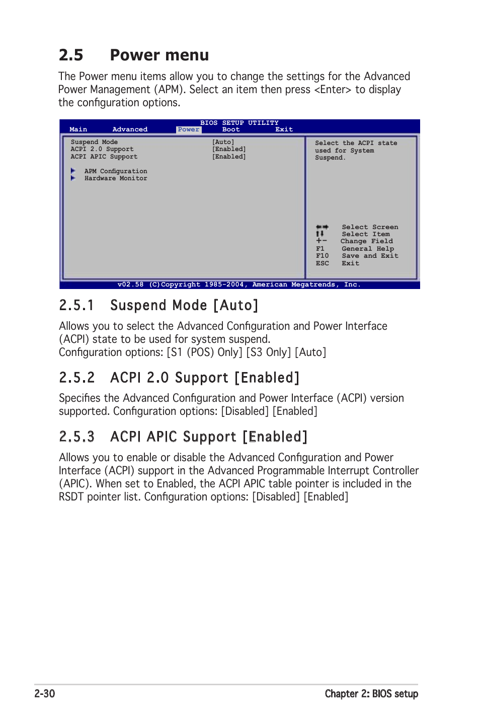 5 power menu, 1 suspend mode [auto, 2 acpi 2.0 support [enabled | 3 acpi apic support [enabled | Asus K8N-VM User Manual | Page 68 / 84