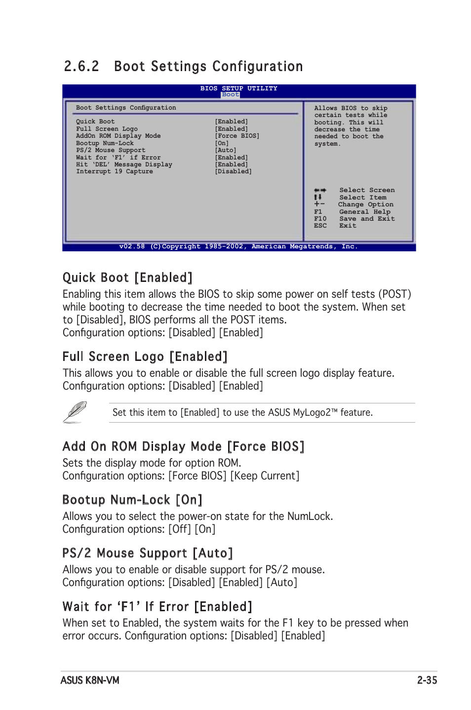 2 boot settings configuration, Quick boot [enabled, Full screen logo [enabled | Add on rom display mode [force bios, Bootup num-lock [on, Ps/2 mouse support [auto, Wait for ʻf1ʼ if error [enabled | Asus K8N-VM User Manual | Page 73 / 84