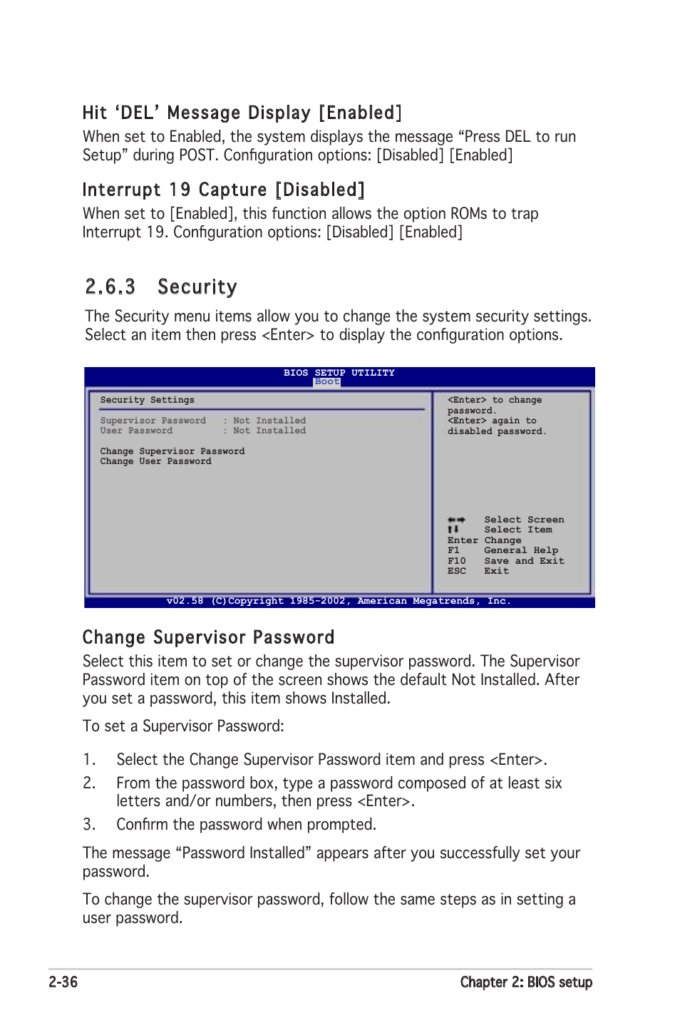 3 security, Hit ʻdelʼ message display [enabled, Interrupt 19 capture [disabled | Change supervisor password | Asus K8N-VM User Manual | Page 74 / 84