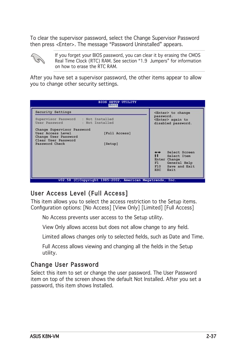 User access level (full access, Change user password | Asus K8N-VM User Manual | Page 75 / 84