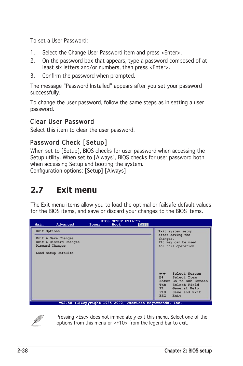 7 exit menu, Clear user password, Password check [setup | Asus K8N-VM User Manual | Page 76 / 84