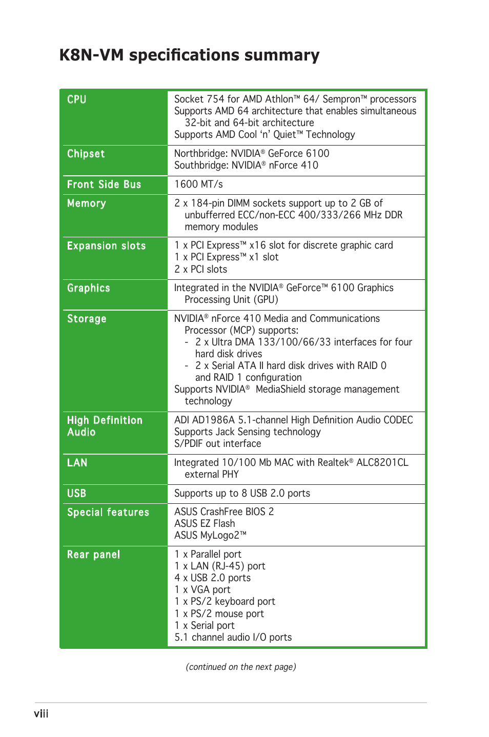 K8n-vm speciﬁcations summary | Asus K8N-VM User Manual | Page 8 / 84