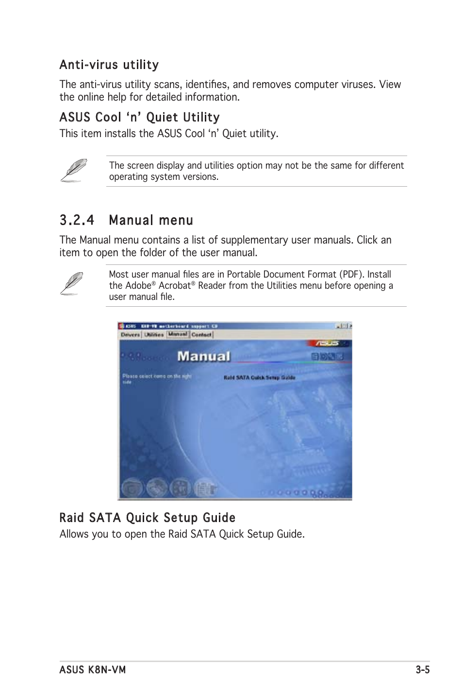 4 manual menu, Raid sata quick setup guide, Anti-virus utility | Asus cool ʻnʼ quiet utility | Asus K8N-VM User Manual | Page 83 / 84