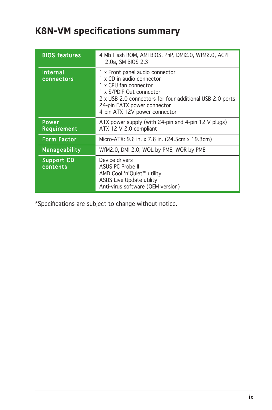 K8n-vm speciﬁcations summary | Asus K8N-VM User Manual | Page 9 / 84