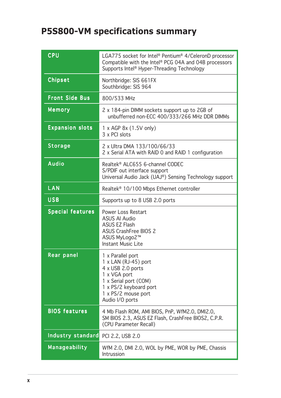 P5s800-vm specifications summary | Asus P5S800-VM User Manual | Page 10 / 84