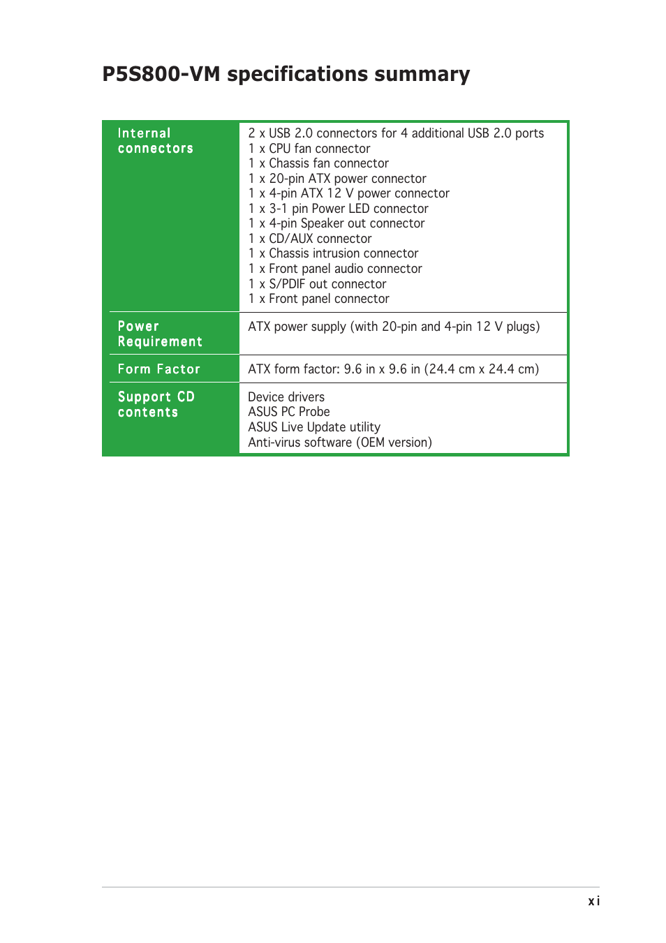 P5s800-vm specifications summary | Asus P5S800-VM User Manual | Page 11 / 84