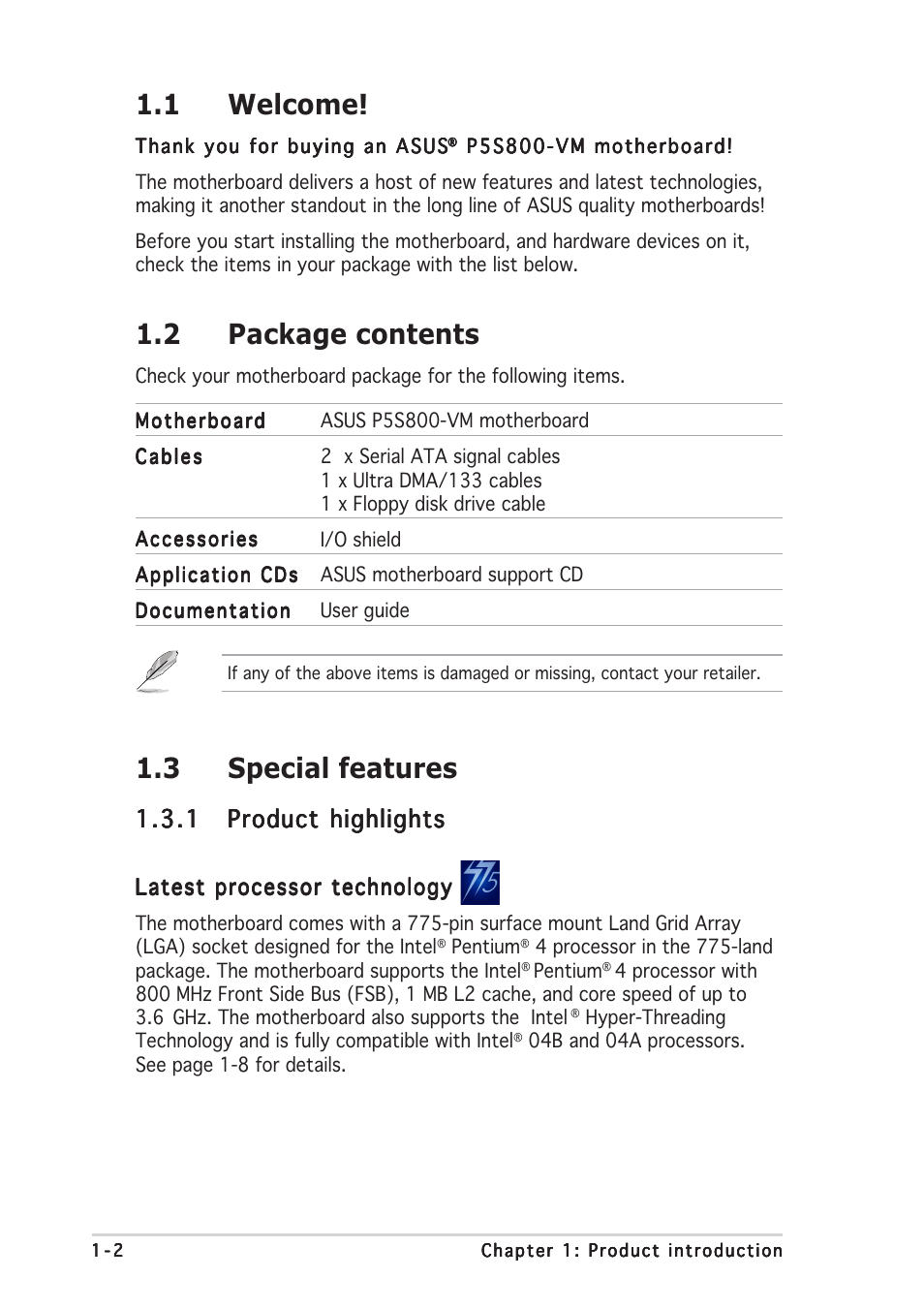 1 welcome, 2 package contents, 3 special features | Asus P5S800-VM User Manual | Page 14 / 84