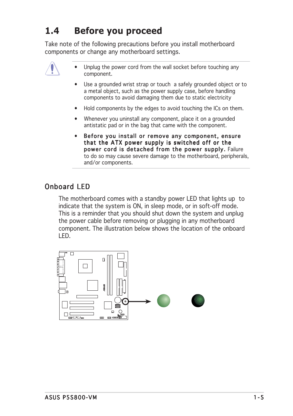 4 before you proceed, Onboard led | Asus P5S800-VM User Manual | Page 17 / 84