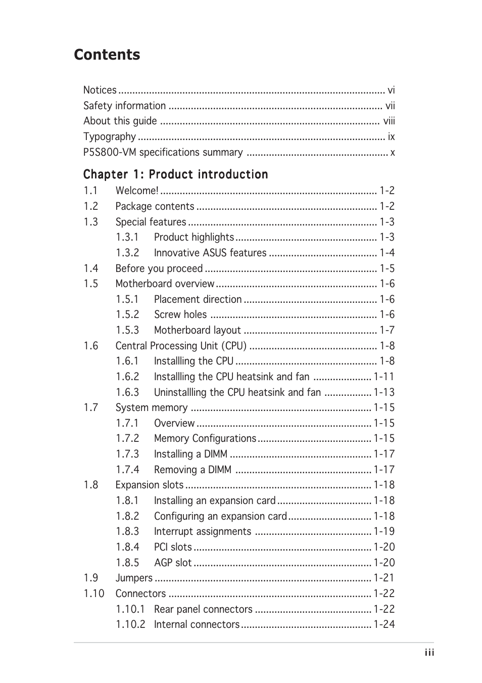 Asus P5S800-VM User Manual | Page 3 / 84
