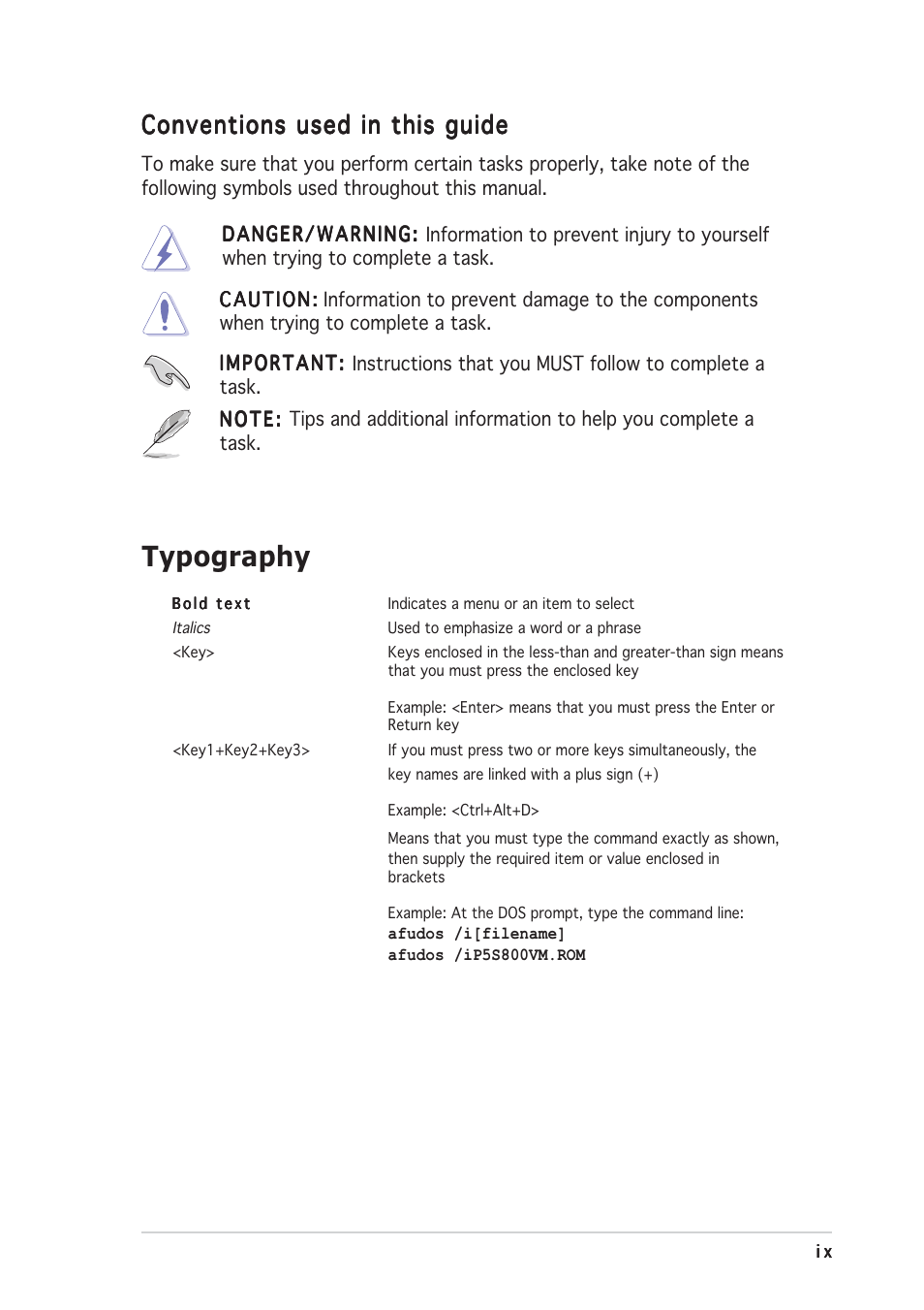 Typography, Conventions used in this guide | Asus P5S800-VM User Manual | Page 9 / 84