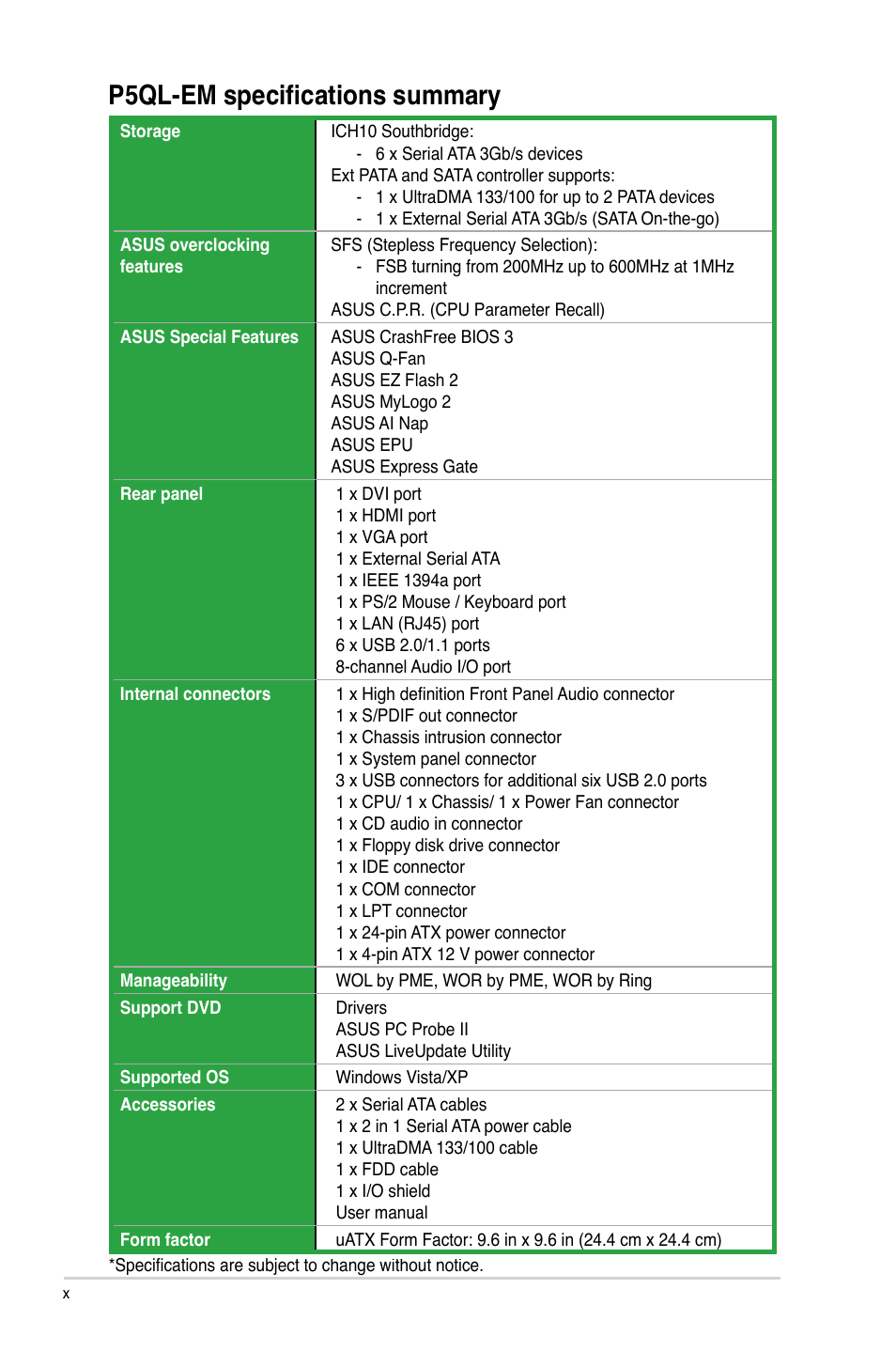 P5ql-em specifications summary | Asus P5QL-EM User Manual | Page 10 / 64