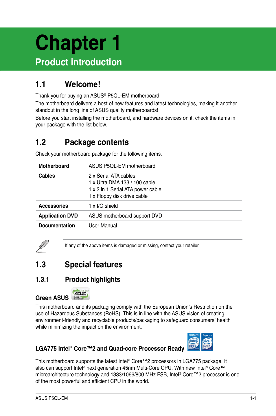 Chapter.1, Product.introduction, Welcome | Package.contents, Special.features, Product.highlights | Asus P5QL-EM User Manual | Page 11 / 64