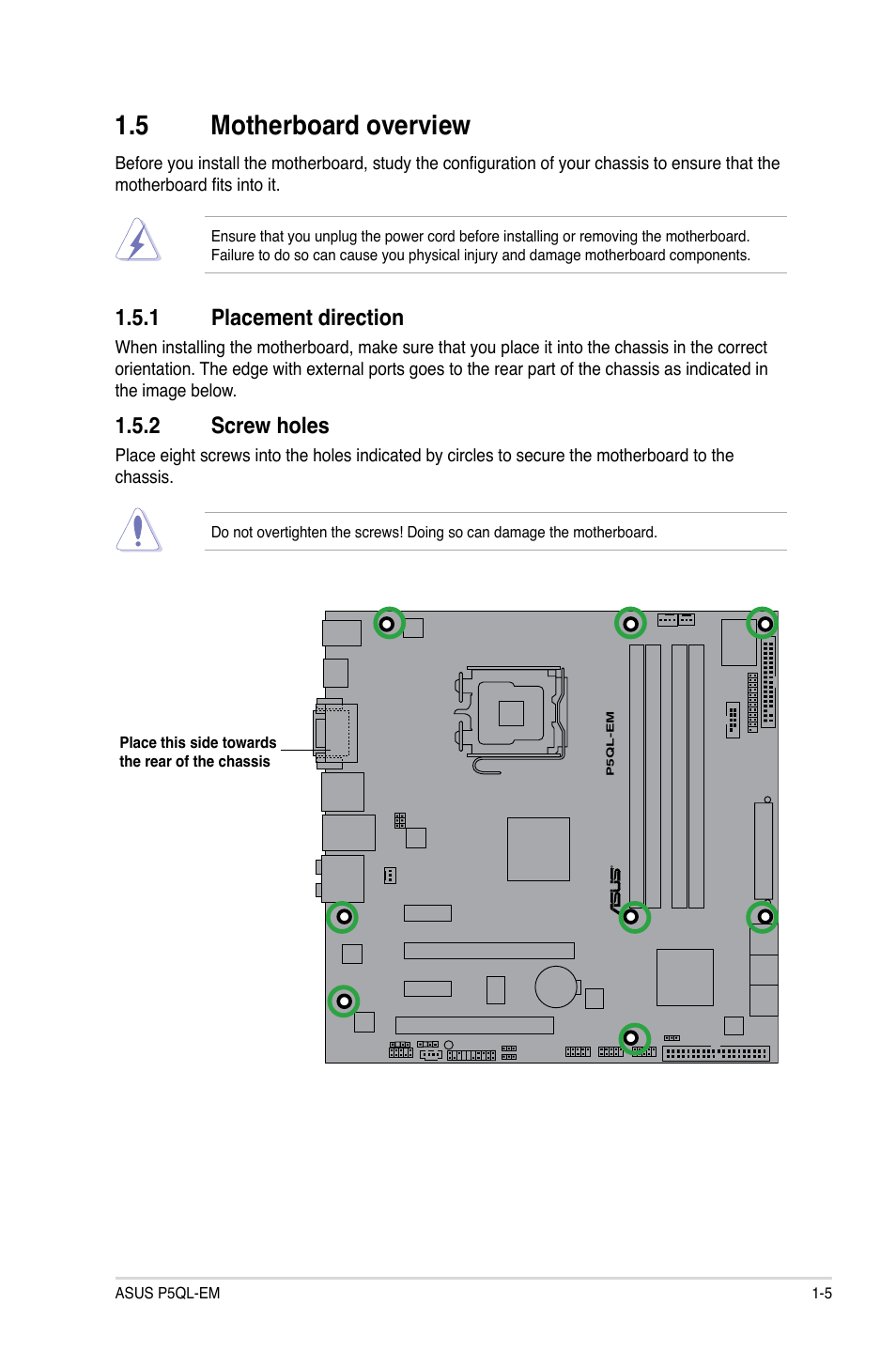 Motherboard.overview, Placement.direction, Screw.holes | Asus P5QL-EM User Manual | Page 15 / 64