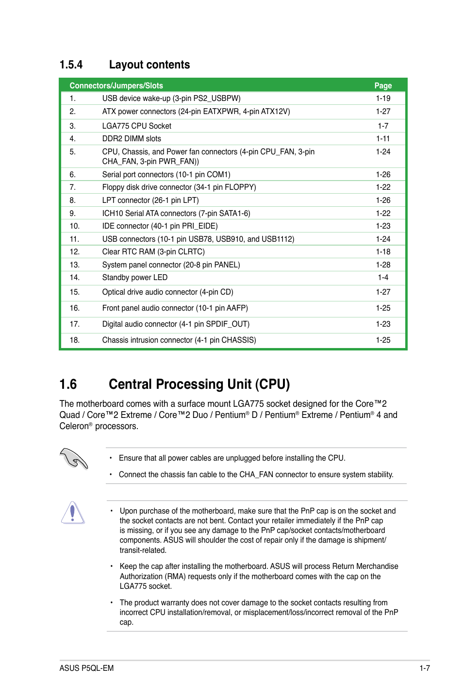 Central.processing.unit.(cpu), Layout.contents | Asus P5QL-EM User Manual | Page 17 / 64