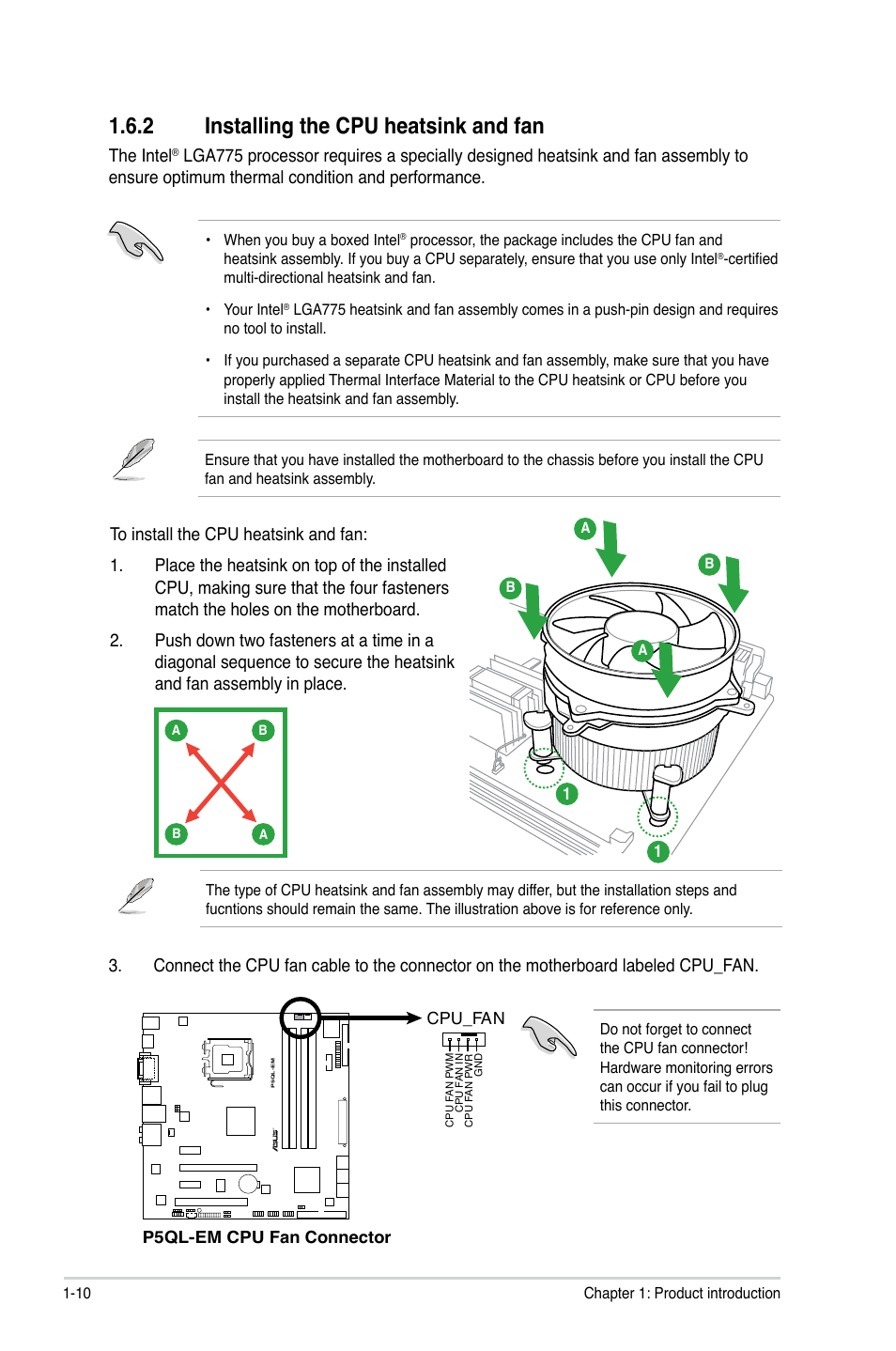 Installing.the.cpu.heatsink.and.fan, The intel | Asus P5QL-EM User Manual | Page 20 / 64