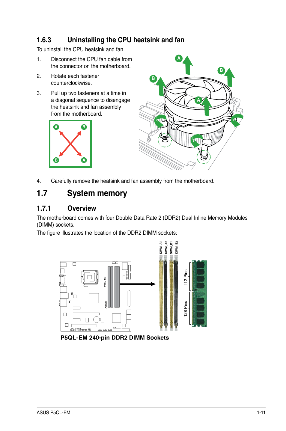 Uninstalling.the.cpu.heatsink.and.fan, Overview | Asus P5QL-EM User Manual | Page 21 / 64