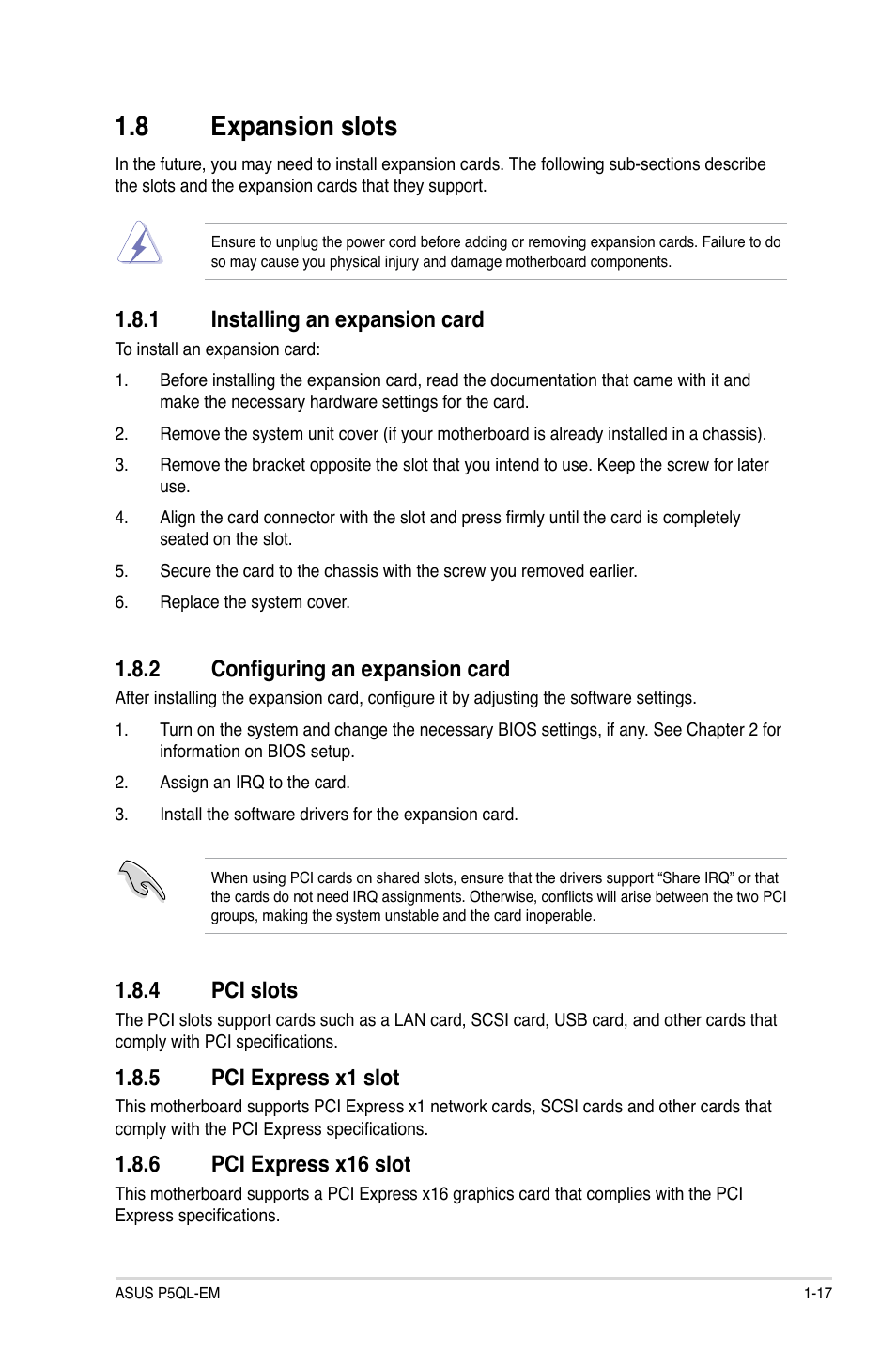 Expansion.slots, Installing.an.expansion.card, 2 configuring an expansion card | Pci.slots, Pci.express.x1.slot, Pci.express.x16.slot | Asus P5QL-EM User Manual | Page 27 / 64