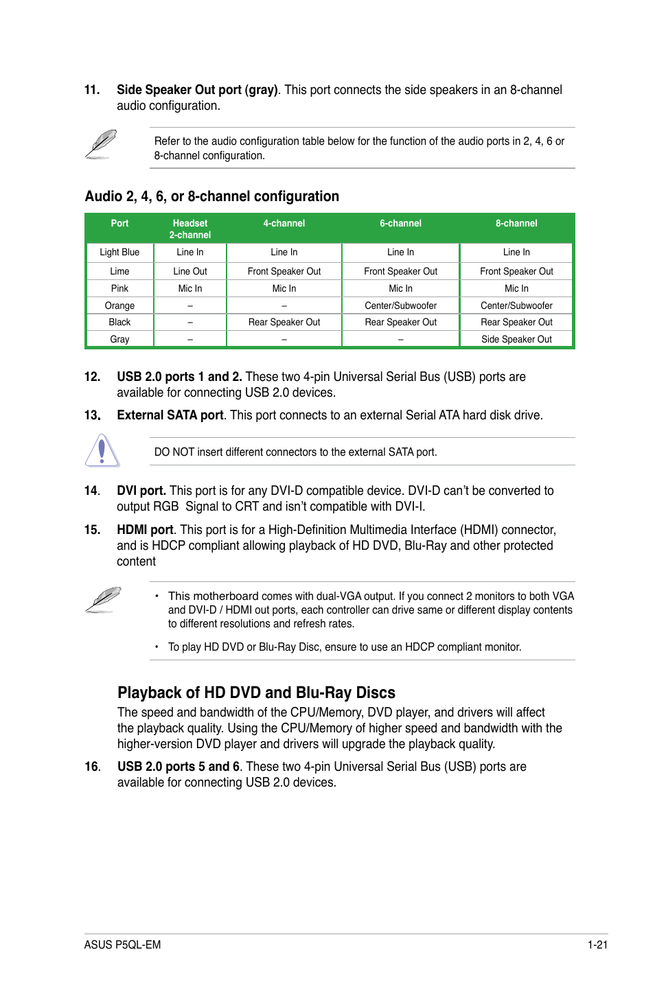 Playback.of.hd.dvd.and.blu-ray.discs, Audio 2, 4, 6, or 8-channel configuration | Asus P5QL-EM User Manual | Page 31 / 64