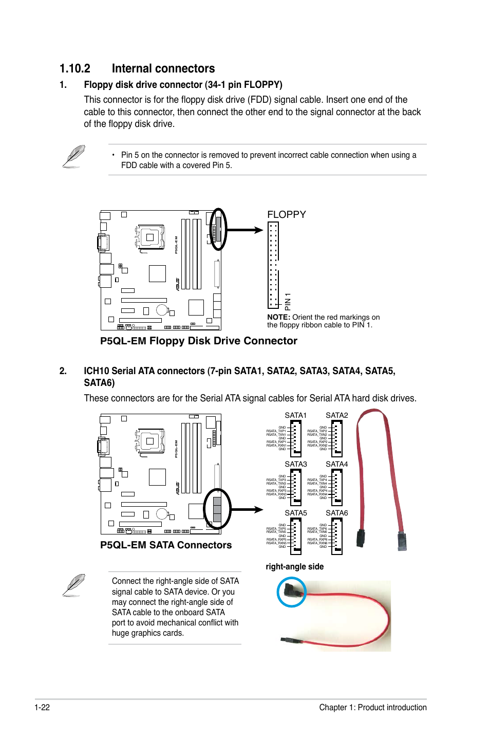 Internal.connectors, Floppy.disk.drive.connector, P5ql-em | P5ql-em.sata.connectors, 22 chapter 1: product introduction | Asus P5QL-EM User Manual | Page 32 / 64