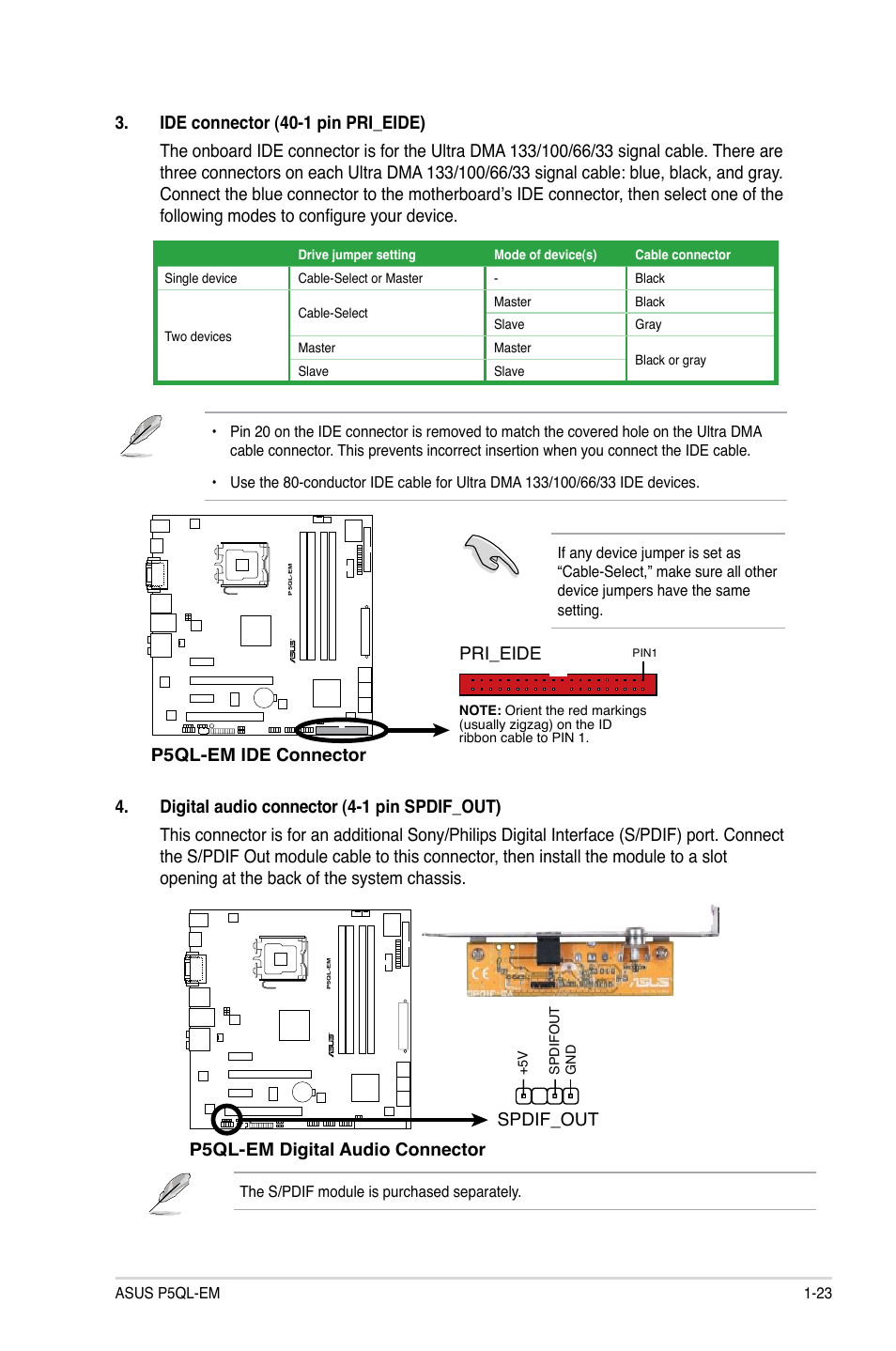 P5ql-em.ide.connector, Pri_eide, P5ql-em.digital.audio.connector | Spdif_out | Asus P5QL-EM User Manual | Page 33 / 64